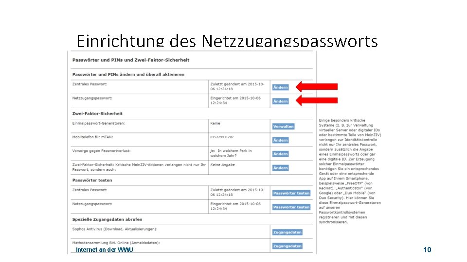 Einrichtung des Netzzugangspassworts Internet an der WWU 10 