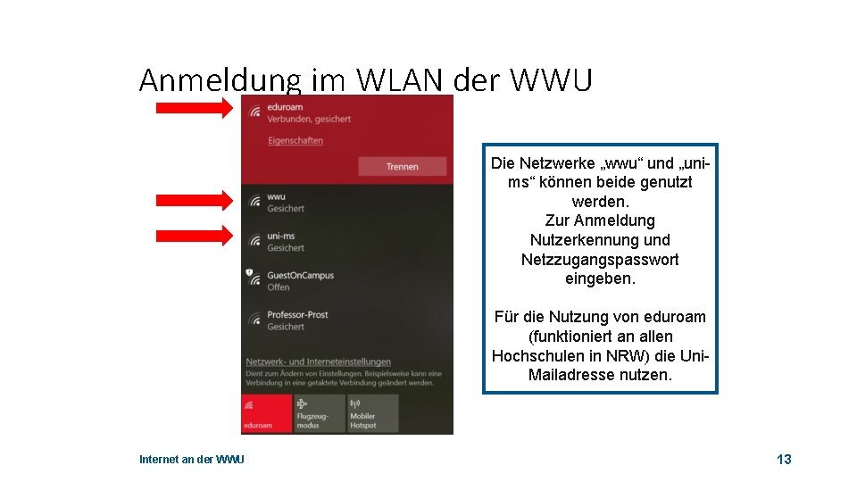 Anmeldung im WLAN der WWU Die Netzwerke „wwu“ und „unims“ können beide genutzt werden.