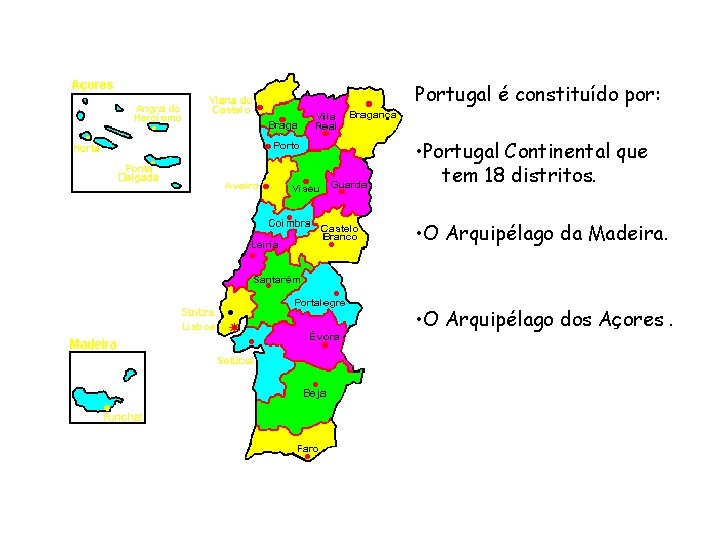 Portugal é constituído por: • Portugal Continental que tem 18 distritos. • O Arquipélago