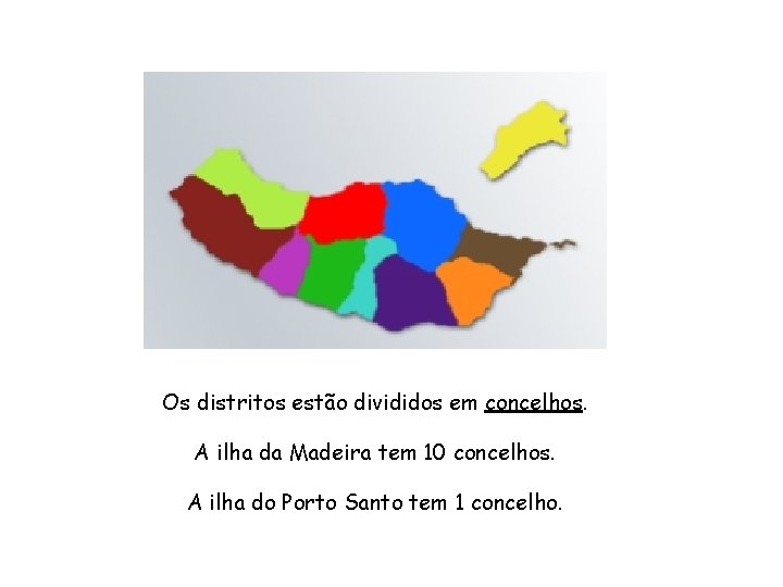 Os distritos estão divididos em concelhos. A ilha da Madeira tem 10 concelhos. A