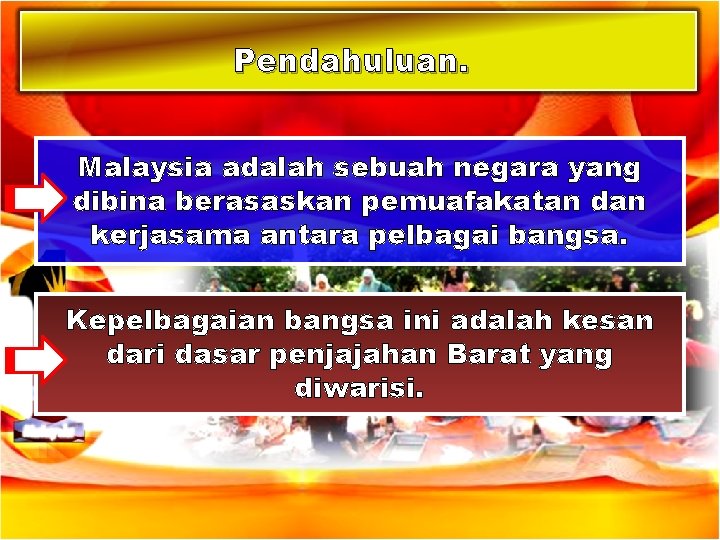 Pendahuluan. Malaysia adalah sebuah negara yang dibina berasaskan pemuafakatan dan kerjasama antara pelbagai bangsa.