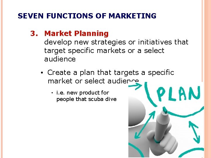 SEVEN FUNCTIONS OF MARKETING 3. Market Planning develop new strategies or initiatives that target