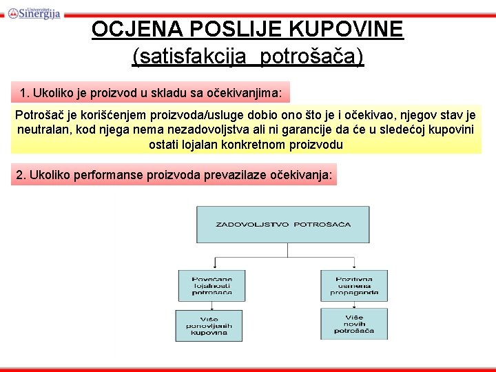 OCJENA POSLIJE KUPOVINE (satisfakcija potrošača) 1. Ukoliko je proizvod u skladu sa očekivanjima: Potrošač