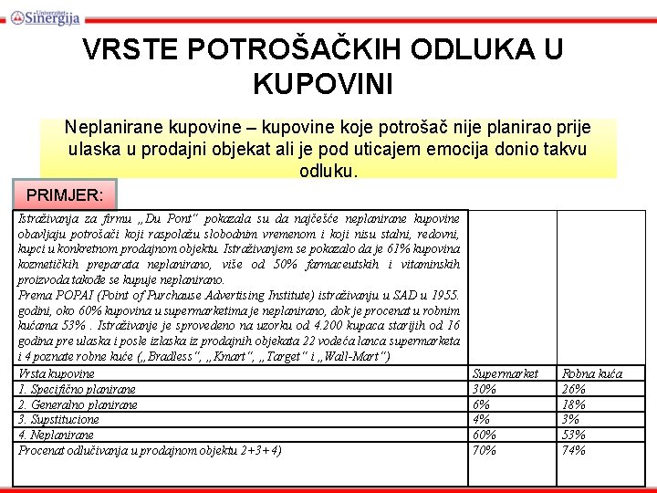 VRSTE POTROŠAČKIH ODLUKA U KUPOVINI Neplanirane kupovine – kupovine koje potrošač nije planirao prije