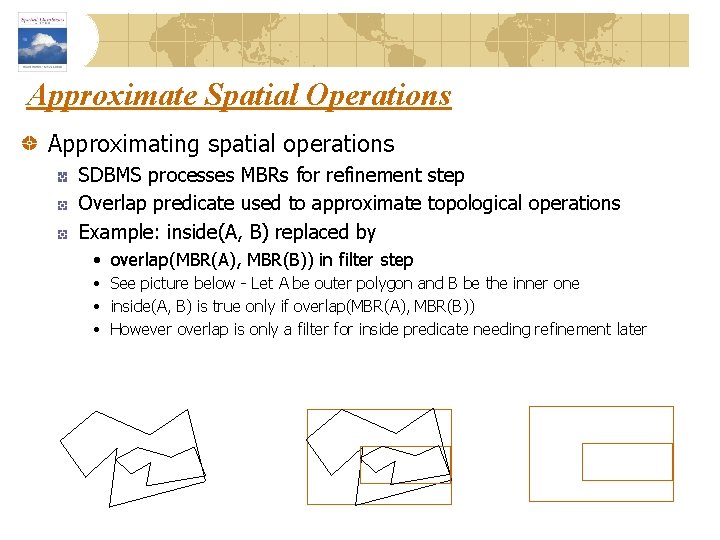 Approximate Spatial Operations Approximating spatial operations SDBMS processes MBRs for refinement step Overlap predicate