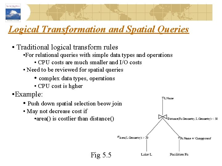 Logical Transformation and Spatial Queries • Traditional logical transform rules • For relational queries