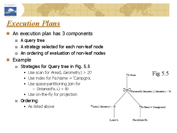 Execution Plans An execution plan has 3 components A query tree A strategy selected