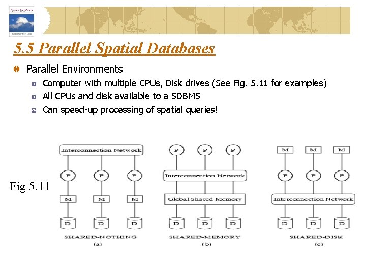 5. 5 Parallel Spatial Databases Parallel Environments Computer with multiple CPUs, Disk drives (See