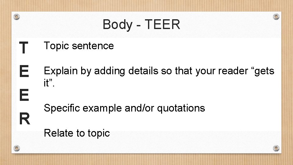 Body - TEER T E E R Topic sentence Explain by adding details so