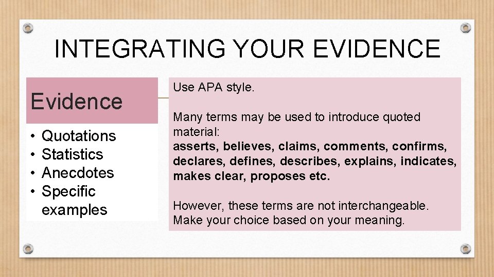 INTEGRATING YOUR EVIDENCE Evidence • • Quotations Statistics Anecdotes Specific examples Use APA style.
