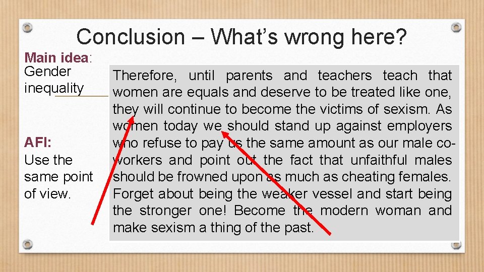 Conclusion – What’s wrong here? Main idea: Gender inequality AFI: Use the same point