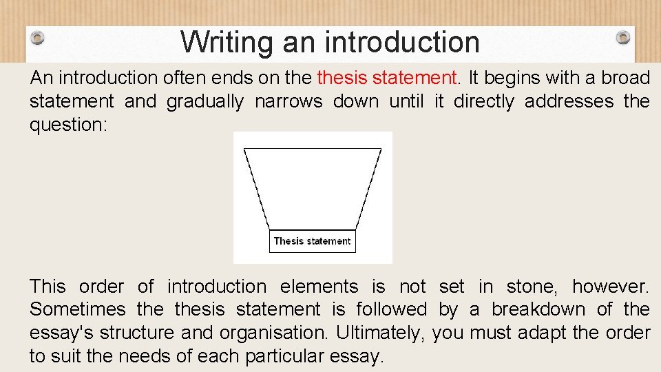 Writing an introduction An introduction often ends on thesis statement. It begins with a