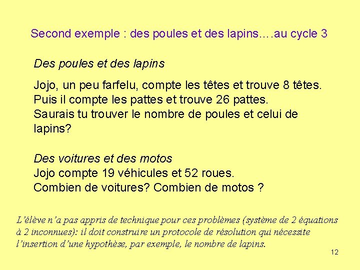 Second exemple : des poules et des lapins…. au cycle 3 Des poules et