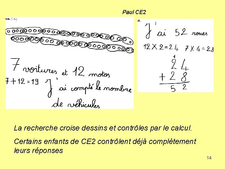 Paul CE 2 La recherche croise dessins et contrôles par le calcul. Certains enfants