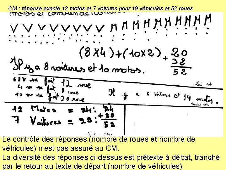 CM : réponse exacte 12 motos et 7 voitures pour 19 véhicules et 52