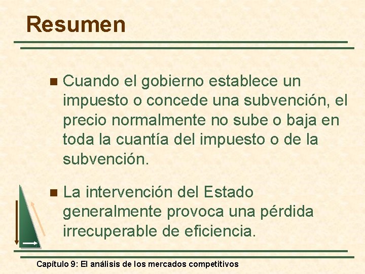 Resumen n Cuando el gobierno establece un impuesto o concede una subvención, el precio