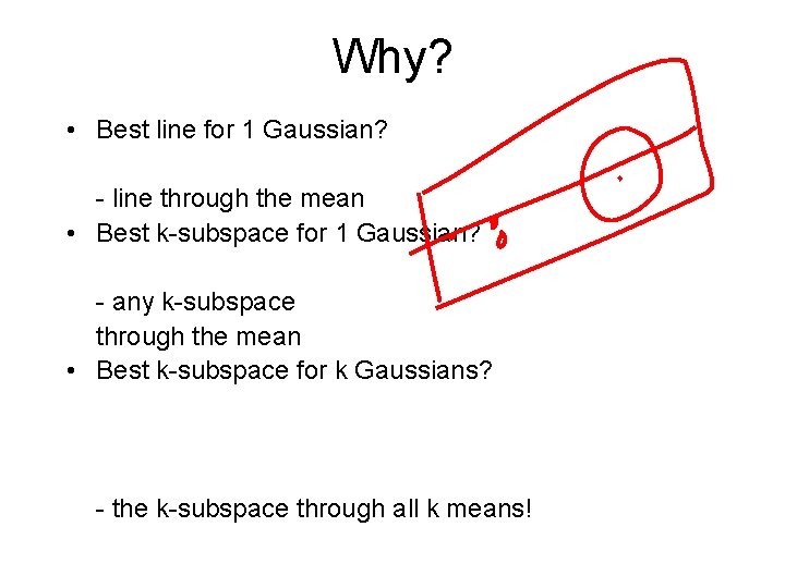 Why? • Best line for 1 Gaussian? - line through the mean • Best