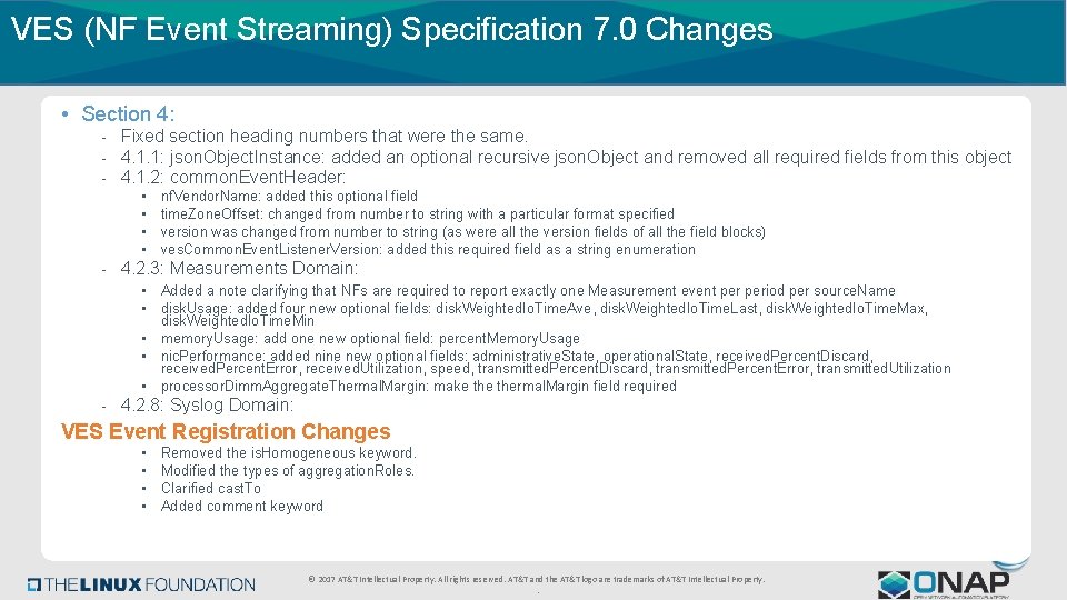 VES (NF Event Streaming) Specification 7. 0 Changes • Section 4: - Fixed section