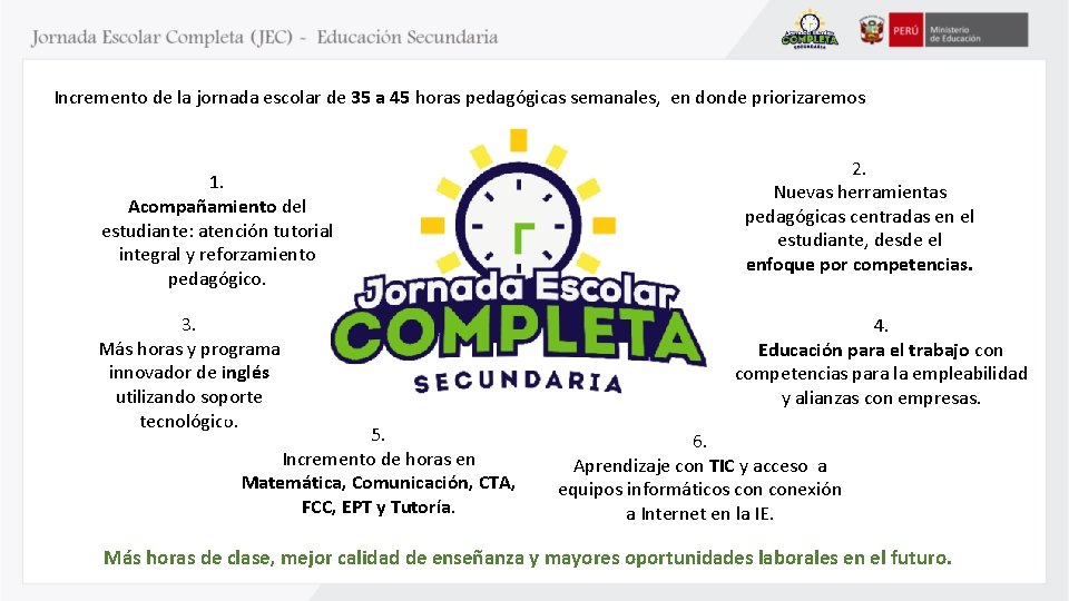 Incremento de la jornada escolar de 35 a 45 horas pedagógicas semanales, en donde