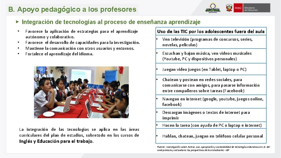 B. Apoyo pedagógico a los profesores Integración de tecnologías al proceso de enseñanza aprendizaje