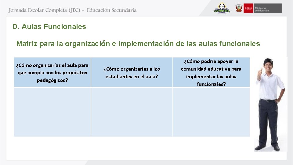 D. Aulas Funcionales Matriz para la organización e implementación de las aulas funcionales ¿Cómo