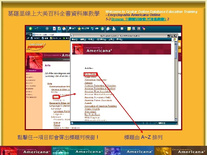 葛羅里線上大美百科全書資料庫教學 點擊任ㄧ項目即會彈出標題列視窗 ! Welcome to Grolier Online Database Education Training - Encyclopedia Americana Online