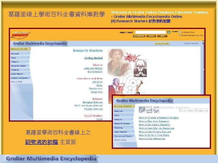 葛羅里線上學術百科全書資料庫教學 葛羅里學術百科全書線上之 研究者的初探 主頁面 Welcome to Grolier Online Database Education Training - Grolier Multimedia