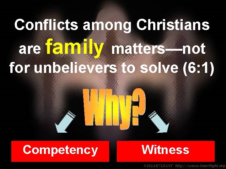 Conflicts among Christians are family matters––not for unbelievers to solve (6: 1) Competency Witness