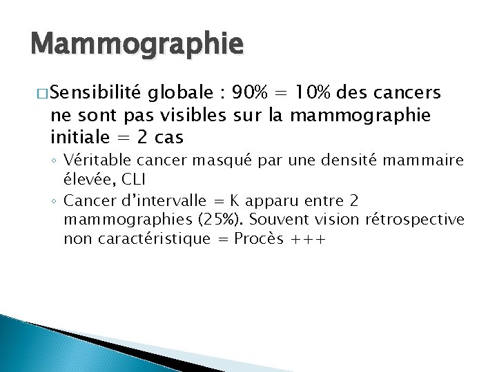 Mammographie � Sensibilité globale : 90% = 10% des cancers ne sont pas visibles