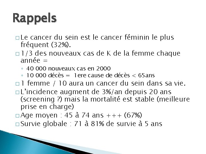 Rappels � Le cancer du sein est le cancer féminin le plus fréquent (32%).