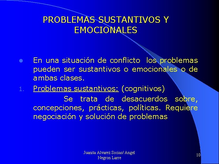 PROBLEMAS SUSTANTIVOS Y EMOCIONALES En una situación de conflicto los problemas pueden ser sustantivos