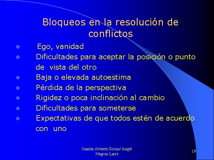 Bloqueos en la resolución de conflictos Ego, vanidad l Dificultades para aceptar la posición