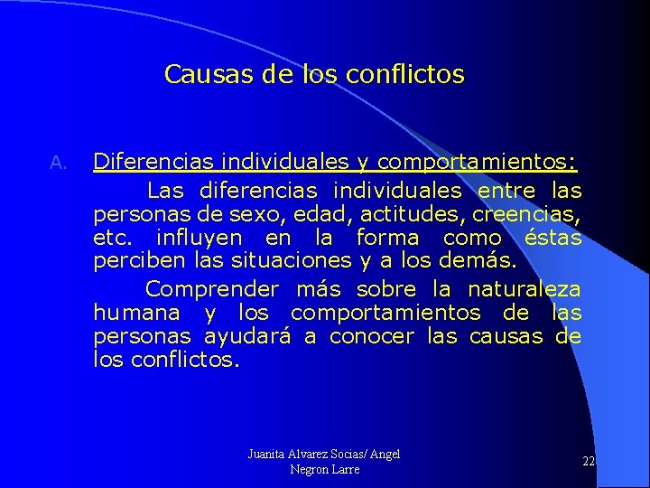 Causas de los conflictos Diferencias individuales y comportamientos: Las diferencias individuales entre las personas