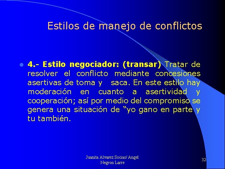 Estilos de manejo de conflictos l 4. - Estilo negociador: (transar) Tratar de resolver