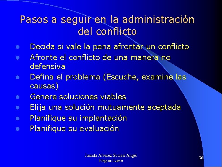 Pasos a seguir en la administración del conflicto l l l l Decida si