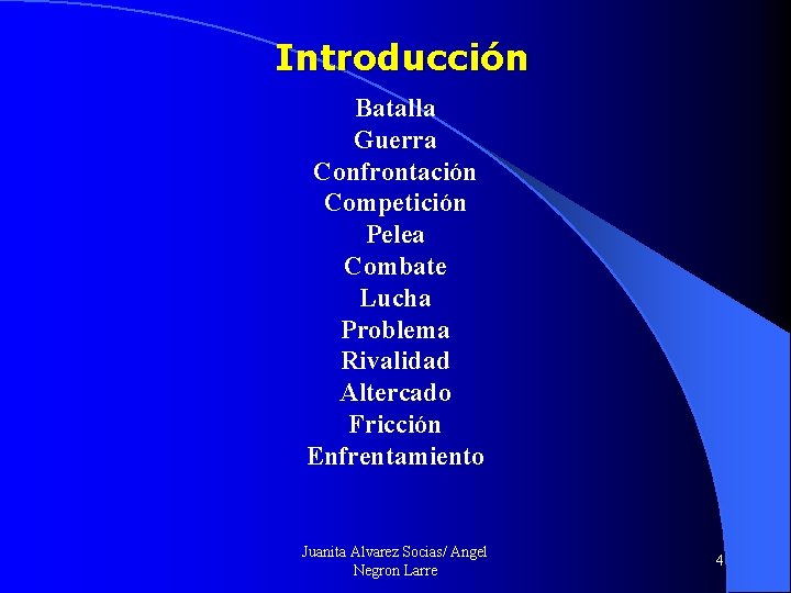 Introducción Batalla Guerra Confrontación Competición Pelea Combate Lucha Problema Rivalidad Altercado Fricción Enfrentamiento Juanita