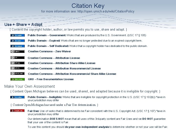 Citation Key for more information see: http: //open. umich. edu/wiki/Citation. Policy Use + Share