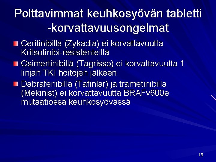 Polttavimmat keuhkosyövän tabletti -korvattavuusongelmat Ceritinibillä (Zykadia) ei korvattavuutta Kritsotinibi-resistenteillä Osimertinibillä (Tagrisso) ei korvattavuutta 1 Polttavimmat keuhkosyövän tabletti -korvattavuusongelmat Ceritinibillä (Zykadia) ei korvattavuutta Kritsotinibi-resistenteillä Osimertinibillä (Tagrisso) ei korvattavuutta 1
