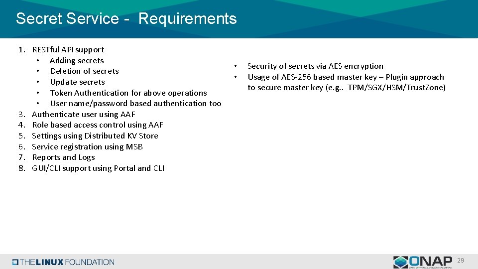 Secret Service - Requirements 1. RESTful API support • Adding secrets • Deletion of Secret Service - Requirements 1. RESTful API support • Adding secrets • Deletion of