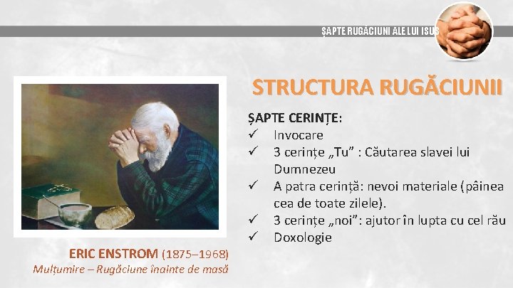 ȘAPTE RUGĂCIUNI ALE LUI ISUS STRUCTURA RUGĂCIUNII ERIC ENSTROM (1875 1968) Mulțumire – Rugăciune