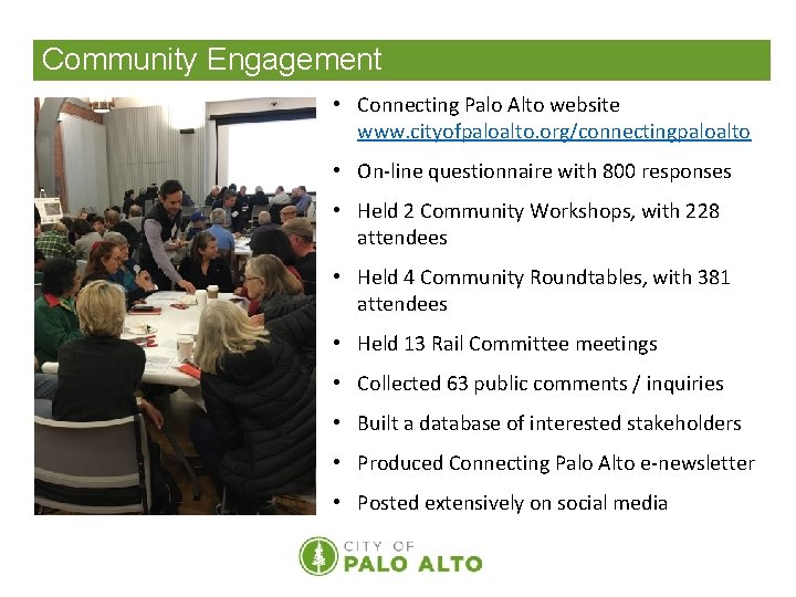 Community Engagement • Connecting Palo Alto website www. cityofpaloalto. org/connectingpaloalto • On-line questionnaire with