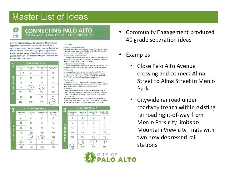 Master List of Ideas • Community Engagement produced 40 grade separation ideas • Examples: