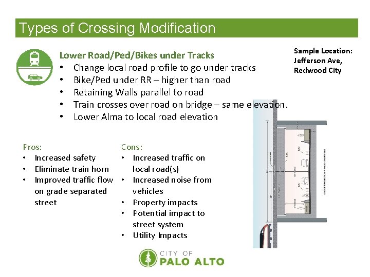 Types of Crossing Modification Lower Road/Ped/Bikes under Tracks • Change local road profile to