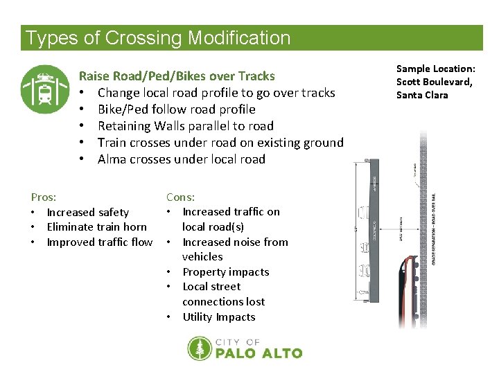 Types of Crossing Modification Raise Road/Ped/Bikes over Tracks • Change local road profile to
