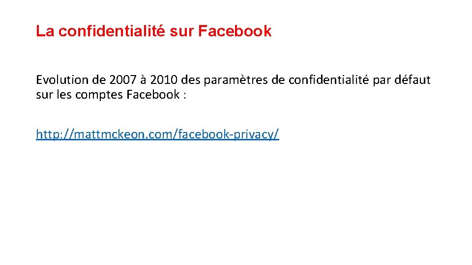 La confidentialité sur Facebook Evolution de 2007 à 2010 des paramètres de confidentialité par