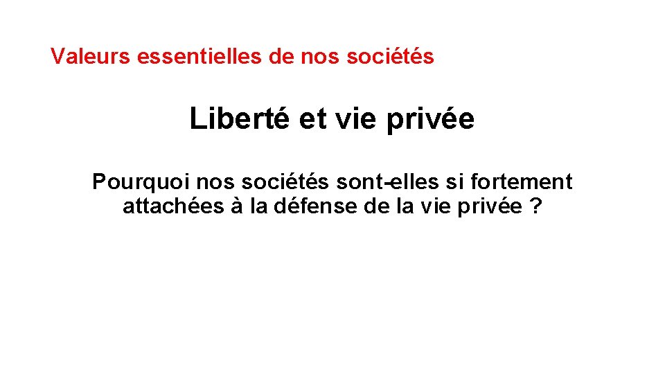 Valeurs essentielles de nos sociétés Liberté et vie privée Pourquoi nos sociétés sont-elles si