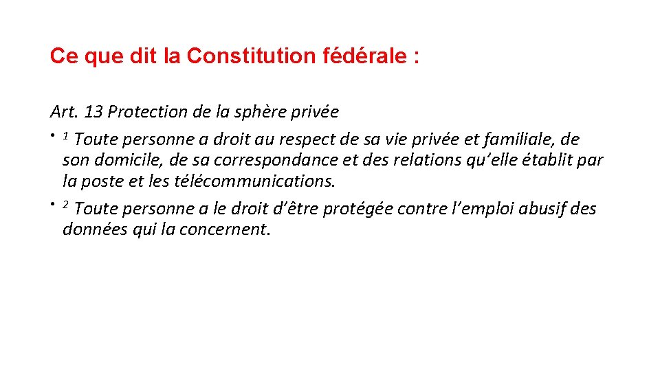 Ce que dit la Constitution fédérale : Art. 13 Protection de la sphère privée