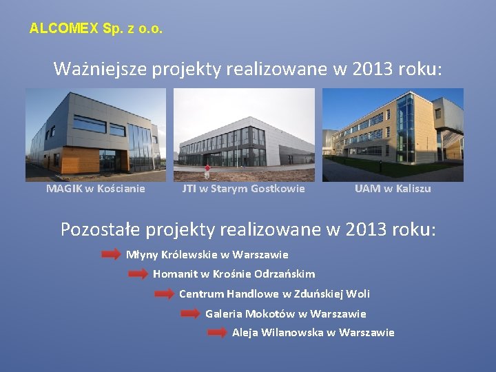 ALCOMEX Sp. z o. o. Ważniejsze projekty realizowane w 2013 roku: MAGIK w Kościanie