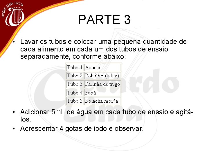 PARTE 3 • Lavar os tubos e colocar uma pequena quantidade de cada alimento