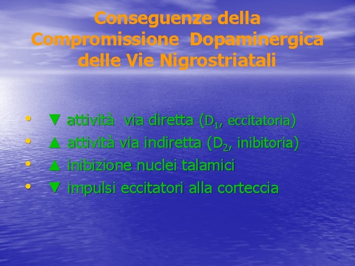 Conseguenze della Compromissione Dopaminergica delle Vie Nigrostriatali • • ▼ attività via diretta (D